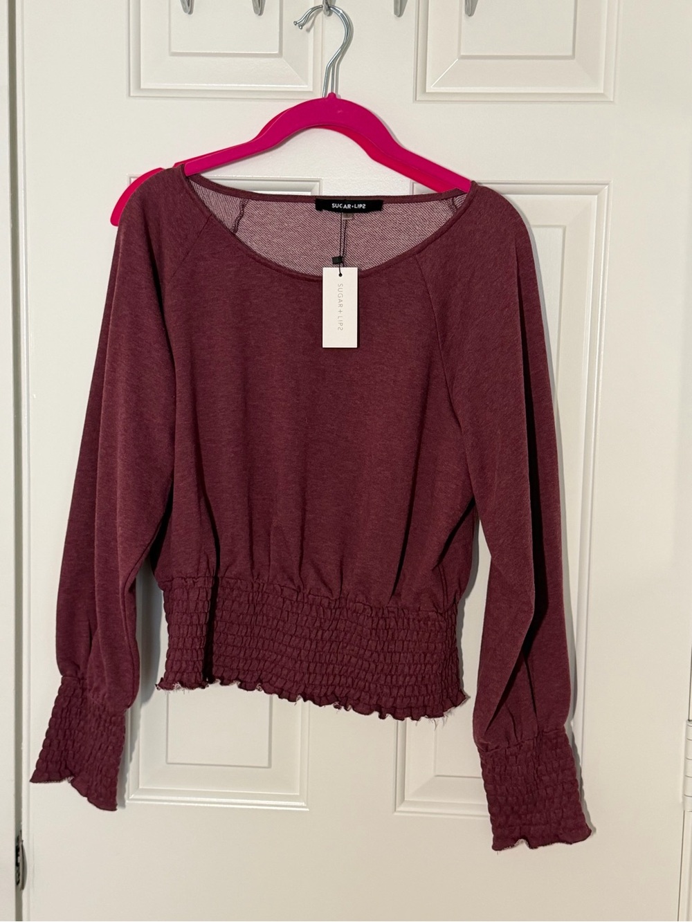 Cropped Smocked-Hem Long Sleeve Top NWT